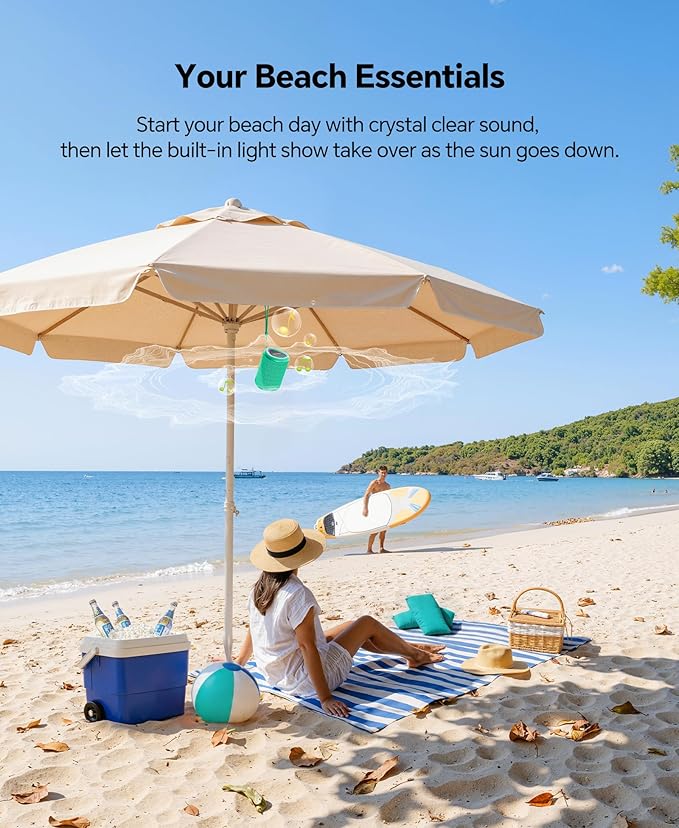Portable Bluetooth Speaker Beach Essentials: Powerful Crystal Clear Sound/Dynamic Light/IPX5 Waterproof/All Day Playtime/Wireless BT 5.3/TWS Paring, Dad Gifts, Outdoor|Travel|Camping|Pool Accessories