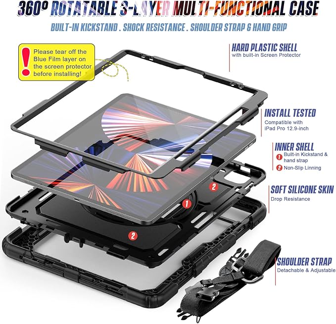 Case Compatible with iPad Pro 12.9 inch 6th/5th/4th Generation with Screen Protector Pencil Holder | Full Body Shockproof Rugged Protective Rubber Case W/Stand Strap | Black