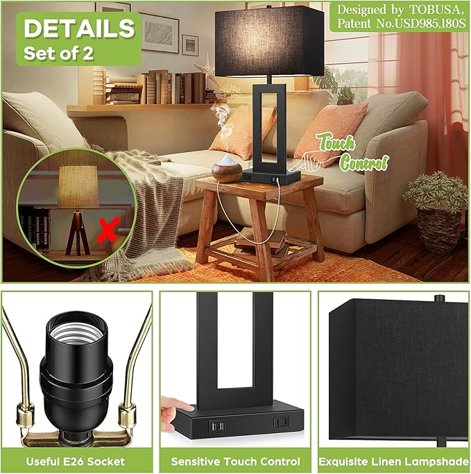 TOBUSA 28’’ Tall Black Lamps for Living Rooms Set of 2, Modern Touch Control Table Lamps for Bedroom, 3 Way Dimmable Bedside Lamps with 2 USB Ports&AC Outlet, High-end Decor Lamp for Home Office