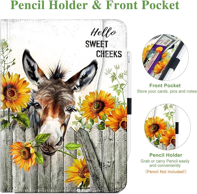 Vimorco for iPad Pro 11-inch Case M5/M4 2025/2024, Sunflower for iPad Pro Case 11 Inch M5/M4 Pencil Holder/Hand Strap/Pocket/Screen Protection Band,Adjustable Angle,Auto Sleep/Wake, Funny Donkey