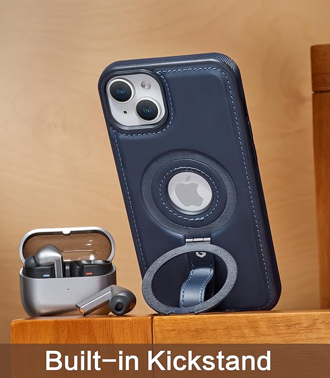 Butaiga for iPhone 15 Leather Case with Stand, Anti-Slip Grip Ring, Fits for MagSafe (Blue, iPhone 15)
