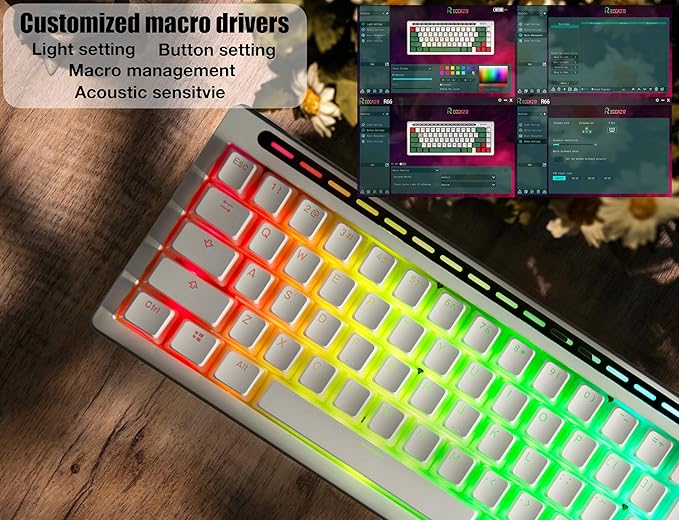 R66 65% Voice-Activated Hot Swap RGB Triple Mode（2.4Ghz/Bluetooth 5.0/Wired） Wireless Top Gaming Keyboard,Knob Control Mechanical Keyboard, PBT Keycaps (Glacial-White- Tactile Switch)
