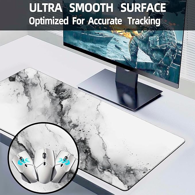 XXL Mouse Pad, White Black Marble Texture Large Desk Mat for Desktop, Extended Large Gaming Mouse Pad Mouse Mat with Non-Slip Rubber Base Stitched Edges for Computer Keyborad Home Office 35.4"X15.7"