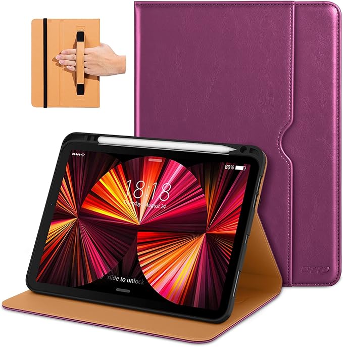 DTTO Case for iPad Pro 11 Inch 4th / 3rd / 2nd / 1st Generation 2022/2021/2020/2018,Premium PU Leather Folio Stand Cover with Hand Strap, Auto Wake/Sleep,Multiple Viewing Angles, Purple