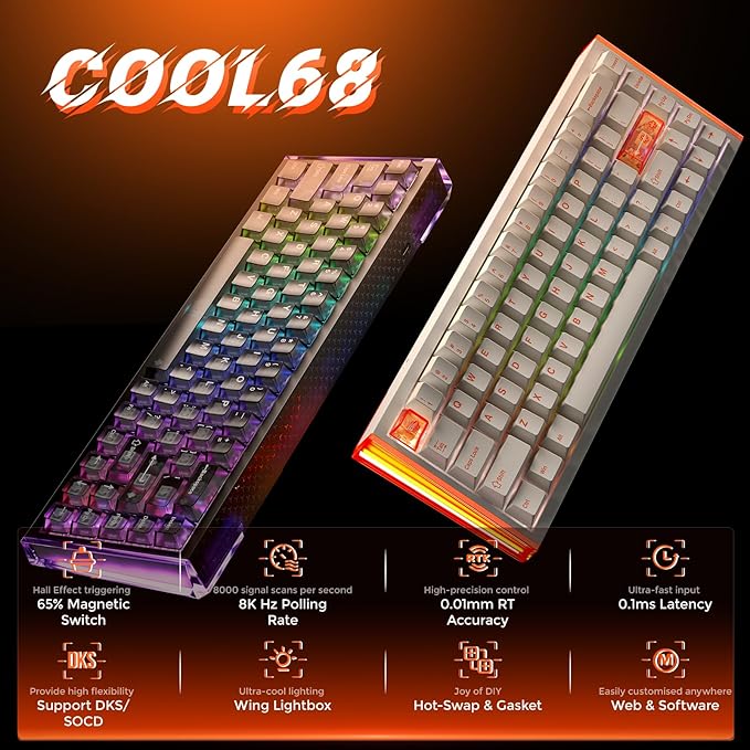 DAREU COOL68 60% Wired Gaming Keyboard, Rapid Trigger Magnetic Switch Keyboard with 8000Hz Polling Rate, Adjustable Actuation, 0.1ms Latency, SOCD, Gasket Mount, Hot swappable, RGB Light