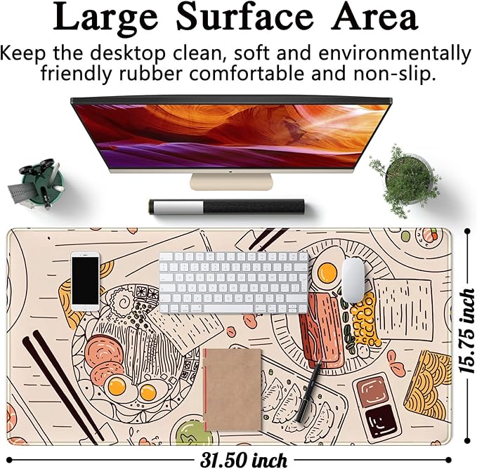 Japanese Ramen Sushi Food Desk Mat Beige XL Mouse Pad Large Full Desk Mousepad Gaming Extended Keyboard Mouse Mat Desk Pad for Computer Laptop 31.5''X15.7'' Non-Slip Rubber Base with Stitched Edges