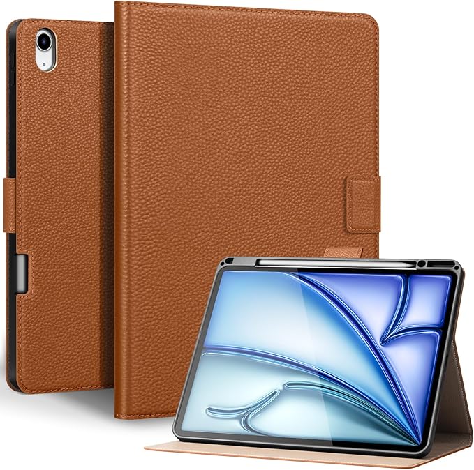 Genuine Leather Case for iPad Air 13 inch M4 2026/M3 2025/M2 2024, with Pencil Holder and Adjustable Stand, Magnetic Closure, Auto Wake/Sleep Cover | Brown