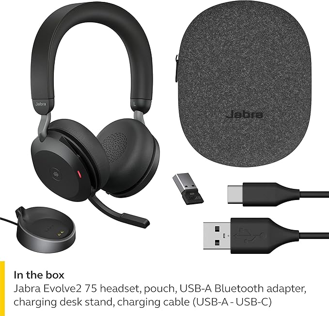 Jabra Evolve2 75 PC Wireless Headset with Charging Stand and 8-Mic Technology - Dual Foam Stereo Headphones with Advanced Active Noise Cancelling, USB-A Bluetooth Adapter and MS Compatibility - Black
