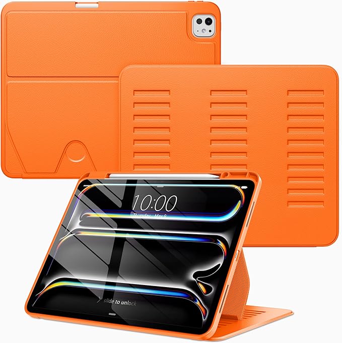 VIKESI Case for iPad iPad Pro 13-inch M5 or M4 Released in 2025 or 2024,Multiple Angles Magnetic Stand Cover,Shockproof Soft Back,Pencil Holder,and Auto Sleep/Wake,Orange