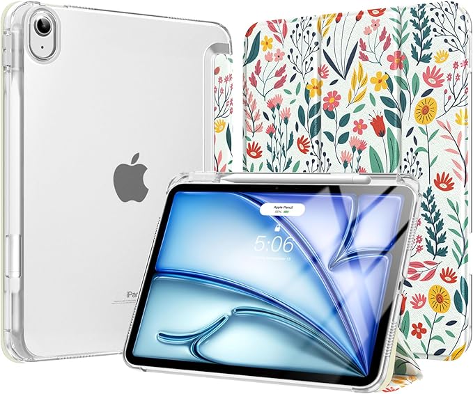 MoKo for iPad Air 11 inch Case (M4/M3/M2) 2026/2025/2024, iPad Air 5th/4th Gen 10.9 inch Case 2022/2020 with Pencil Holder, Slim Light Trifold Cover with Hard PC Translucent Back Shell, Flowers