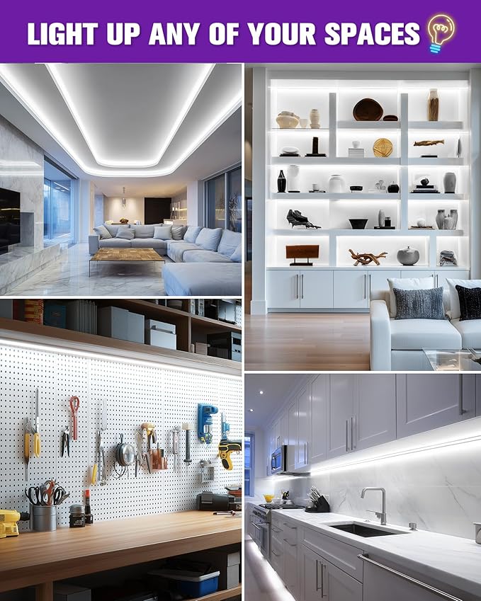 HitLights White LED Strip Lights 5000K, 16.4ft Premium 12V COB Tape Light High Density, 2400 LEDs, 305+ LM/FT, CRI 90+, IP30, Lighting for Kitchen, Cabinets, UL Listed (Power Source Not Included)