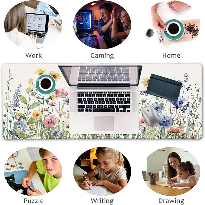 LIMKRIAN Flower Mouse Pad Large Desk Mat Pad, XL Computer Mousepad with Stitched Edges Non-Slip, Keyboard Mouse Pad for Desktop Laptop Work Home Cute Office Supplies Desk Accessories 31.5x11.8 in