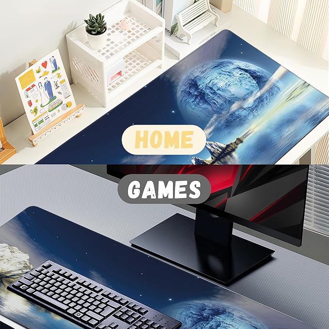 Extended Gaming Mouse Pad SciFi Space Moon Large Mousepad with Stitched Edges,Anti-Slip Rubber Base Keyboard Mouse Mat Desk Pad for Gaming Home Office 35.4 x 15.7 inches