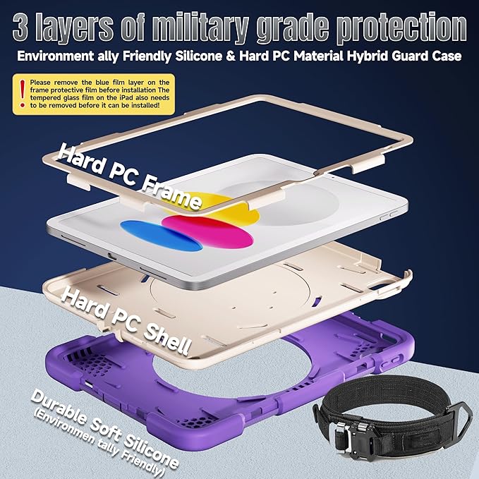 Andnary Case for iPad (A16) 11th /10th Generation 11/10.9 Inch 2025/2022 with Screen Protector/360° Rotate Stand/Shoulder Strap/Pencil Holder, Shockproof iPad 11th/10th Gen Cover (Purple+White)