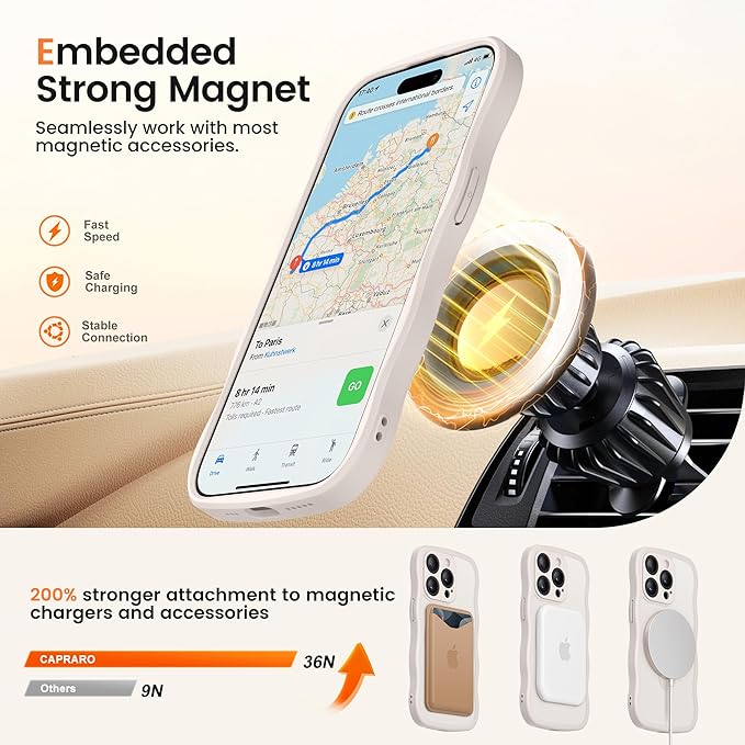 CAPRARO for iPhone 15 Pro Case with 360° Spin Magnetic Stand for Women, [Compatible with MagSafe] [Full Camera Protection] Cute Wave Translucent Matte Case for iPhone 15 Pro, Stone