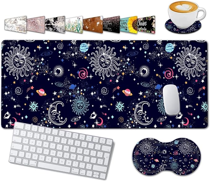 Large Gaming Mouse Pad, 31.5x11.8 in Extended Computer Mouse Mat with Non-Slip PU Base, Ergonomic Memory Foam Keyboard Wrist Rest for Working, Cute Anime Solar System Galaxy Black Office Desk Pad