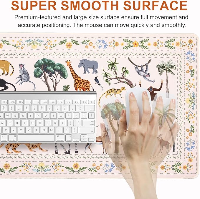 L-SPOUTTO Jungle Animal Desk Mat for Keyboard and Mouse,XXL Large Mouse Pad Non-Slip Keyboard Pad Waterproof Desktop Mat for Laptop Computer Work Game Home Office-Ivory/Beige