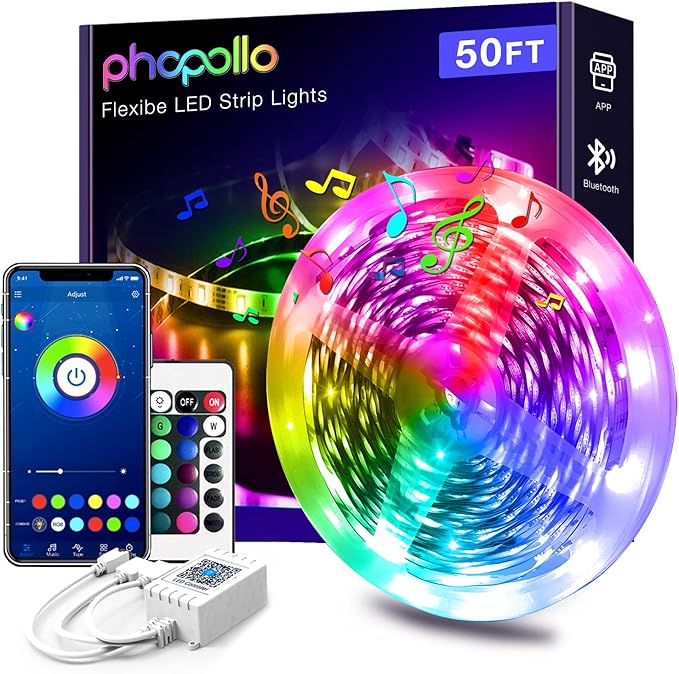 PHOPOLLO Bluetooth Led Strip Lights 50ft 5050 RGB Color Changing LED Lights for Bedroom, Kitchen Decoration, App Control and Music Sync.