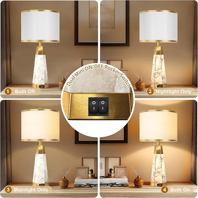 KIVDITZO 27" Alabaster Table Lamps Set of 2 - Lamps for Living Room with Night Light, Bedside Lamps with White Linen Shade, Nightstand Table Lamp with USB A+C Port for Bedroom Office (Bulb Included)