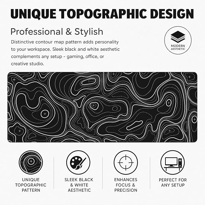 Large Gaming Mouse Pad Black Topographic Contour Mouse Pad Extended XL Long Mousepad Big Desk Mat with Stitched Edges & Nonslip Rubber Base for Company Office Work, 31.5 X 11.8 Inch