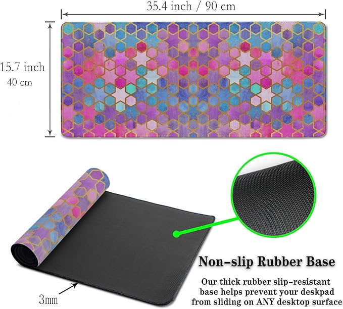 Large Desk Pad Purple Pink Full Desk Mat, Keyboard Gaming Mouse Pad Women Office Decor Big Mousepad, Cute Desk Mat Non-Slip Rubber Base, 35.4" X 15.7" for Work/Game/Office Watercolor Abstract