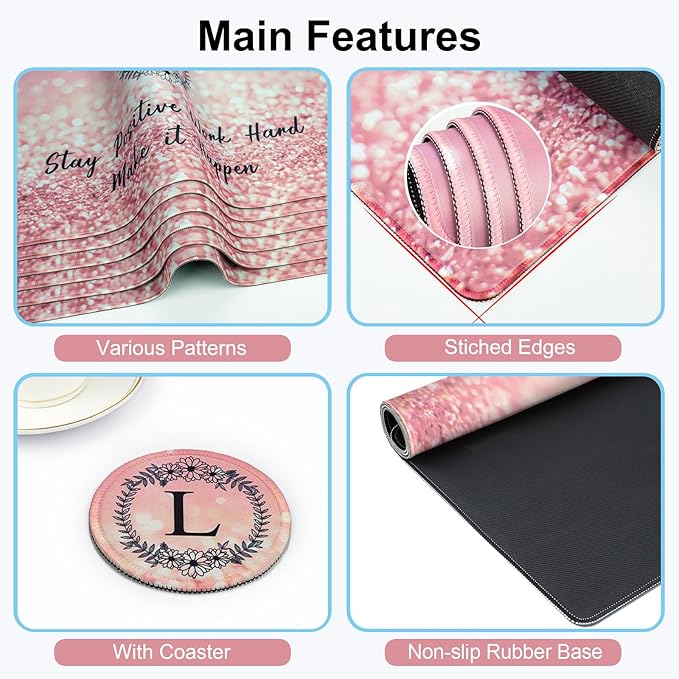 Pink Large Gaming Mouse Pad with Coaster, Desk Mat, Mouse Pad for Computer Keyboard Laptop Office Decor, Stitched Edges Extended Mousepad, 31.5'' x15.6''-Letter L