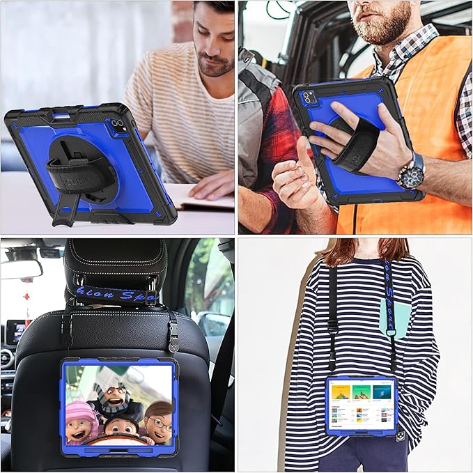 SEYMAC stock Case for iPad Pro 12.9'' 2022/2021/2020/2018 with Screen Protector 360 Rotating Stand Hand Strap, Drop-Proof Case for iPad Pro 12.9''(6th/5th/4th/3rd Generation), Blue/Black
