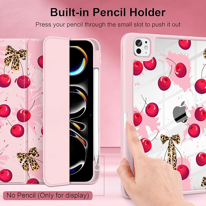 Case for iPad Pro 13 Inch (M5 2025 M4 2024) – [Built-in Pencil Holder], Shockproof & Stylish, Clear Hard Back + Soft TPU Edge, Magnetic Trifold Stand, Auto Wake/Sleep, Cherry & Leopard