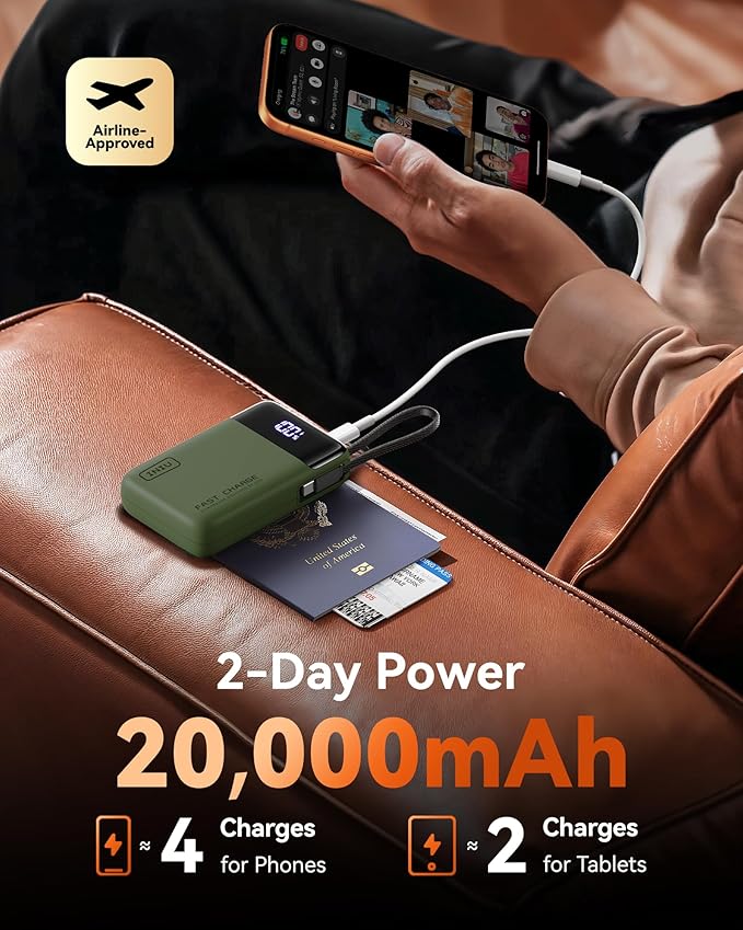 INIU 20000mAh Power Bank, Smaller 45W PD Fast Charging Portable Charger, Battery Pack with Build in USB C Cable, Travel Phone Flight-Safe Powerbank for iPhone 17 16 Samsung S26 Google iPad, Green
