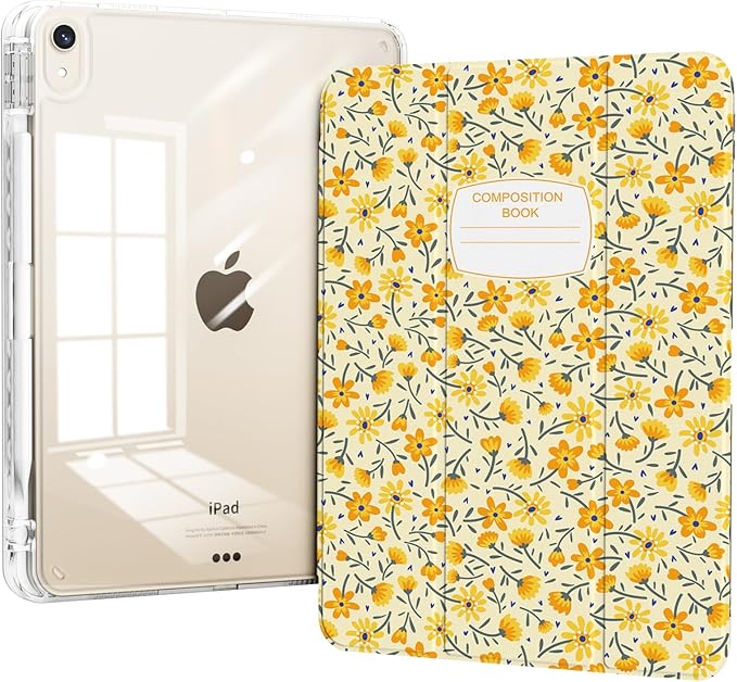 for iPad Air 11 Inch Case M4 (2026)/ M3 (2025)/ M2 (2024), iPad Air 10.9" 5th/4th Generation Case 2022/2020 with Pencil Holder, Slim Trifold Stand Clear Back Cover, Yellow Composition Book