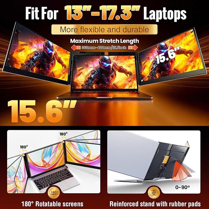 2026 New One Cable Connection Laptop Screen Extender Monitor Portable, Ultra Thin 15.6" 1080P FHD Triple Screen,Fit for 13-17" Laptop, Plug & Play Compatiable with Win/Mac/Chrome/Android