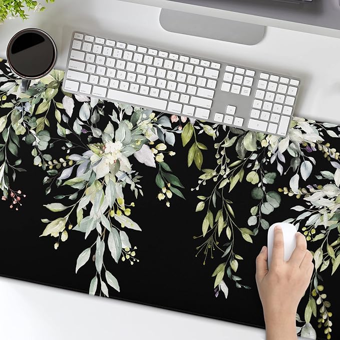 Sage Green Leaves Gaming Mouse Pad XL Spring Summer Floral Extended Large Desk Mat Black Big Mousepad Non-Slip Rubber Base Stitched Edge Long for Desktop Office Computer Gamer,31.5×11.8 in