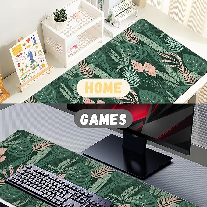 Extended Gaming Mouse Pad Abstract Tropical Leaves Large Mousepad with Stitched Edges,Anti-Slip Rubber Base Keyboard Mouse Mat Desk Pad for Gaming Home Office 35.4 x 15.7 inches