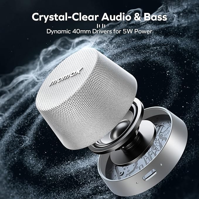 MOMAX Magnetic Portable Bluetooth Speaker, IPX6 Waterproof Mini Shower Speaker, Enhanced Bass, 12H Playtime, TWS Stereo, USB-C Outdoor Speaker, Travel & Gift Ideas, Silver