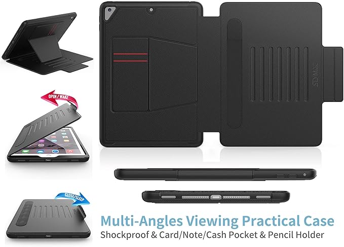 SEYMAC stock Case for iPad 6th/5th Generation/Air 2/Pro 9.7'', Strong Magnetic Auto Sleep Shockproof Case with Absorbing Multi-Angles Stand, Pen Holder, Card Slot (Black)