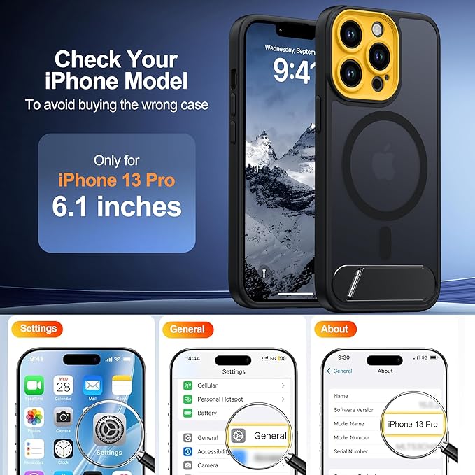 Magnetic Compatible with iPhone 13 Pro Case, [Built-in Kickstand][Full Camera Protection][Compatible with MagSafe][Anti-Fingerprint] Shockproof Phone Case for iPhone 13 Pro 6.1",Black & Yellow