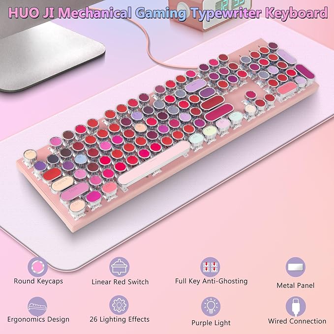 HUO JI Typewriter Mechanical Gaming Keyboard with RGB Sidelit and Purple LED Backlit, Retro Style, Red Switches, Metal Panel, Lipstick 104 Keys for Mac, PC, Cute Pink