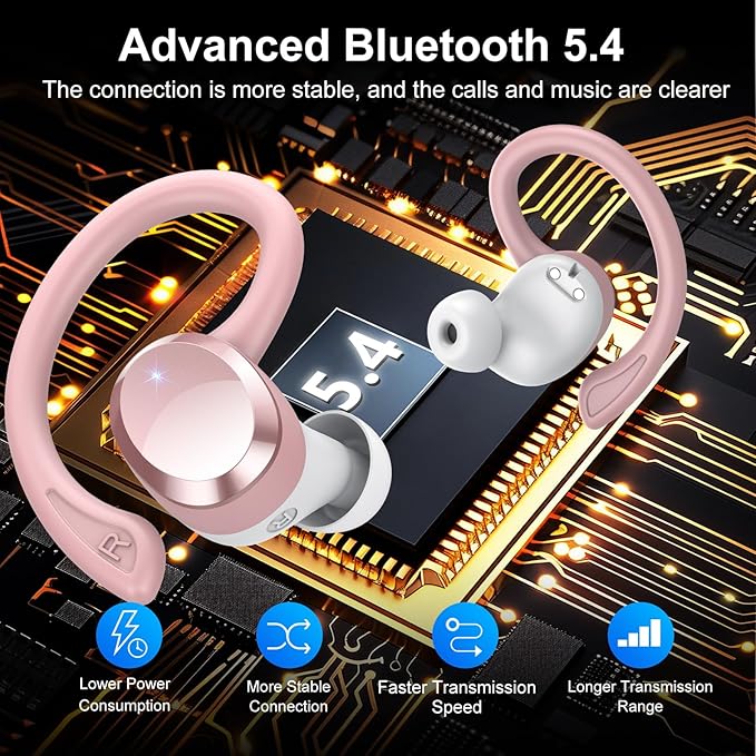 sprtoybat Wireless Earbuds, 2026 New Bluetooth 5.4 Headphones Sport Earphones with 68Hrs Playtime LED Display ENC Noise Cancelling Mic, IPX7 Waterproof Over Ear Ear Buds with Hook for Sports/Running