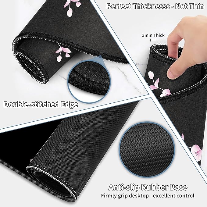 Large Gaming Mouse Pad Set 35.4 x 15.7 with Keyboard Wrist Rest, Wrist Support, and Coaster Memory Foam Smooth Desk Pad Mousepad for Home Office School - Cherry Blossom Moon