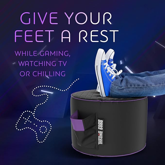 Throne Boss Gaming Footstool - Cover ONLY No Filling - Matching Bean Bag Chair Pouf/Ottoman - Round Gamer Foot Stool Footrest with Drink Holder (Purple)