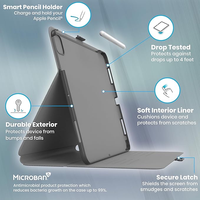Speck New iPad Air 13 Case (2024) - Fits iPad Pro 12.9 Case (2022/2021, 6th/5th Gen) with Pencil Holder, Drop & Camera Protection, Slim Multi Range Stand, Balance Folio - Black/Black/White