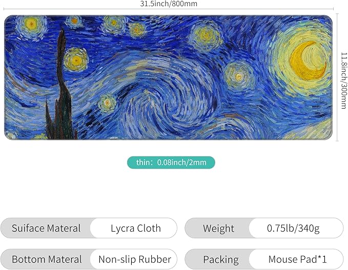 Thin Extended Gaming Mouse Pad （31.5 * 11.8 * 0.08 inch） with Stitched Edges Large Mousepad Long XXL Keyboard and Mouse pad Desk Mat for Gaming Office & Home - The Starry Night