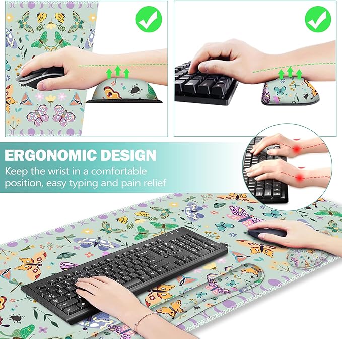 ARTSO Desk Mat Set, Aquamarine Extended Gaming Mouse Pad with Wrist Rest Support +Keyboard Wrist Rest +Coaster, Large Cute Butterfly Mousepad for Office, Home