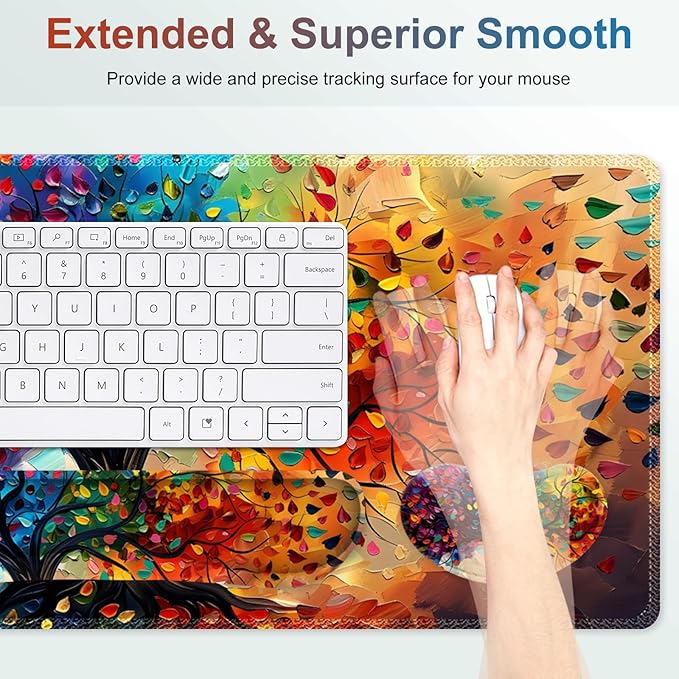 Large Gaming Mouse Pad Set, 4 in 1 Ergonomics Keyboard Desk Mat with Memory Foam Wrist Rest, Computer Extended Game Mousepad, Non-Slip Desk Matt Easy Typing Pain Relief I Colorful Tree Leave