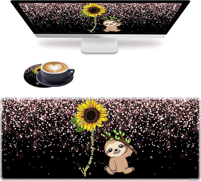 Large Gaming Mouse Pad Plus a Coasters + Cable Clips, Sunflower and Sloth Extended Mousepad (31.5 x 11.8) with Stitched Edge, Foldable Computer Keyboard Desktop Mouse Mat for Home Office