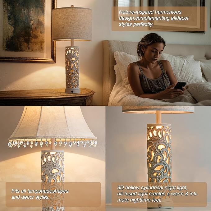 OYEARS 2-in-1 Light Table Lamp Set of 2 for Living Room, 28.5" Farmhouse Bedside Lamps with USB Charging Port, Main&Night Light & Dual Switches, Nightstand Lamp for Bedroom Home Office(Bulb Included)