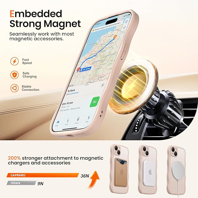CAPRARO for iPhone 15 Plus Case with 360° Spin Magnetic Stand for Women, [Compatible with MagSafe] [Full Camera Protection] Cute Wave Translucent Matte Case for iPhone 15 Plus, Rose Gold
