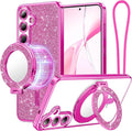 Meifgino Magnetic Case with Removable Phone Ring Stand for Samsung Galaxy S25 Plus, [Glitter Card & Wrist Strap] [MagSafe Compatible] [Built in Mirror] Phone Ring Stand + Phone Case Kit, Hot Pink