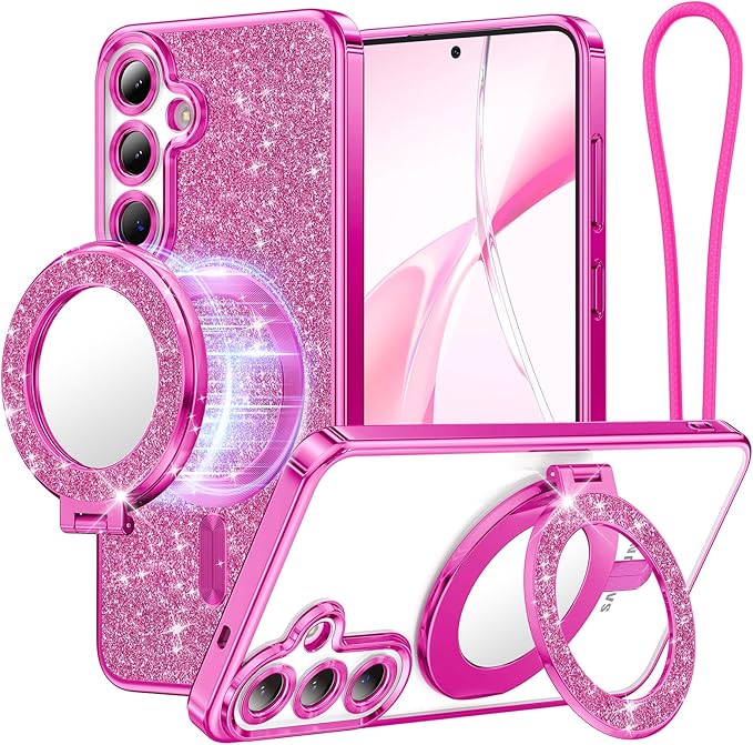 Meifgino Magnetic Case with Removable Phone Ring Stand for Samsung Galaxy S25 Plus, [Glitter Card & Wrist Strap] [MagSafe Compatible] [Built in Mirror] Phone Ring Stand + Phone Case Kit, Hot Pink