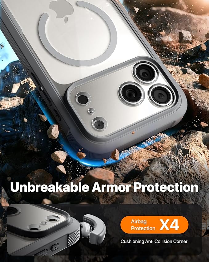 Diaclara Magnetic Designed for iPhone 17 Pro Max Case Full Body Bumper,[Compatible with MagSafe] Military Drop Proof Cover with Built-in Touch Sensitive Anti-Scratch Screen Protector, Grey Titanium